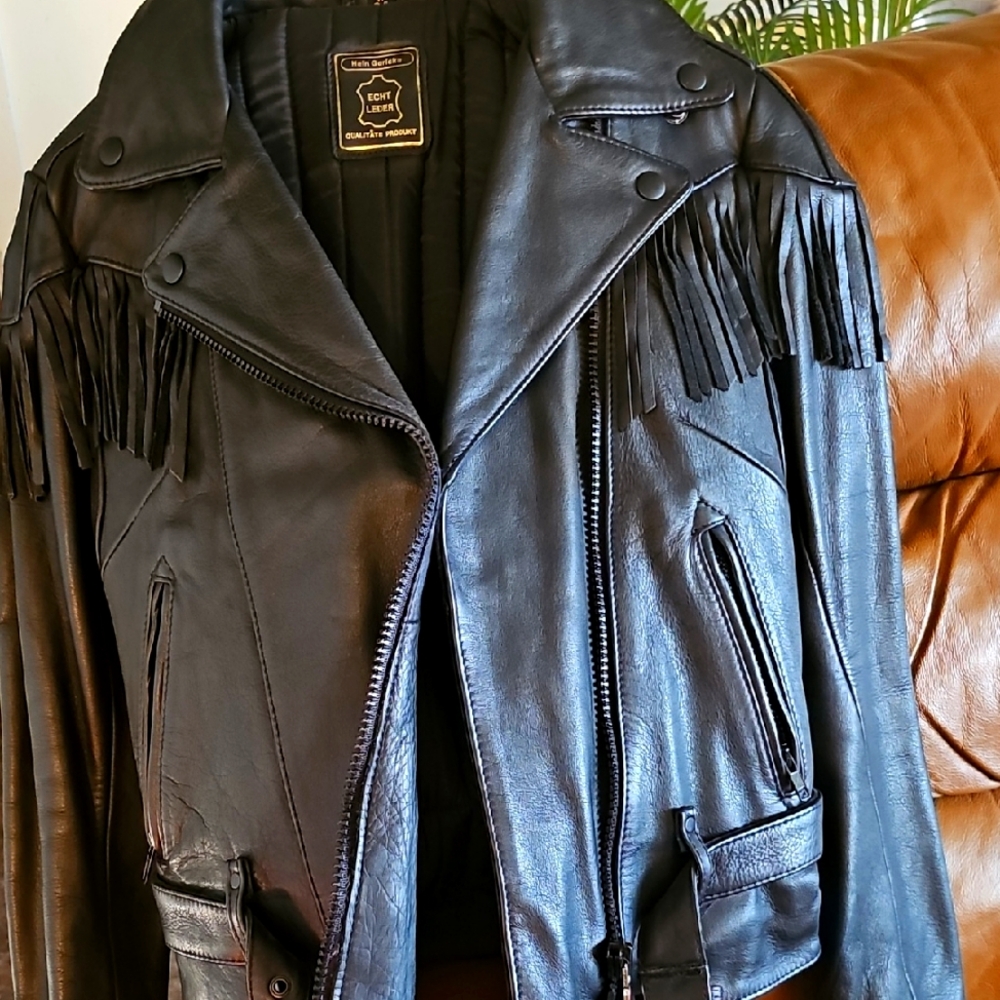 Hein Gericke Black Leather Fringe Motorcycle Jacket
